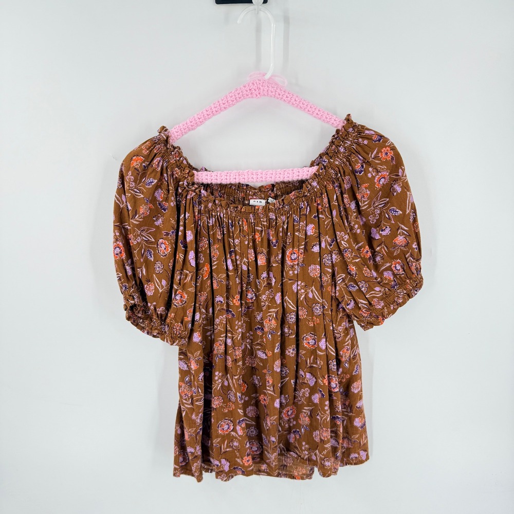 GAP Brown Purple Floral Puff Sleeve Top Floral Boho Smocked Square‎ Neck Peasant